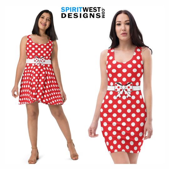 Discover Mouse Costume Skater Fitted Bodycon Dress Long Sleeve Pocket Dress Mouse Cosplay Halloween Plus Size Dance Red Polka Dot Mother's Day Gift