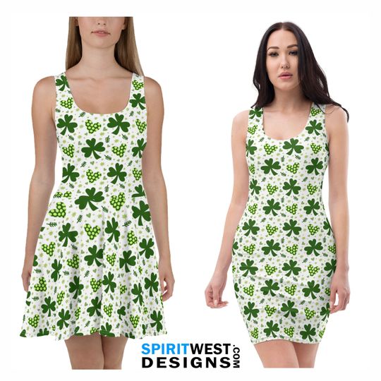 Discover Shamrock Clover Dress St Patrick's Day Leprechaun Skater Dress Fitted Bodycon Dress Holiday Cosplay Costume Plus Size Dance Festival Costume