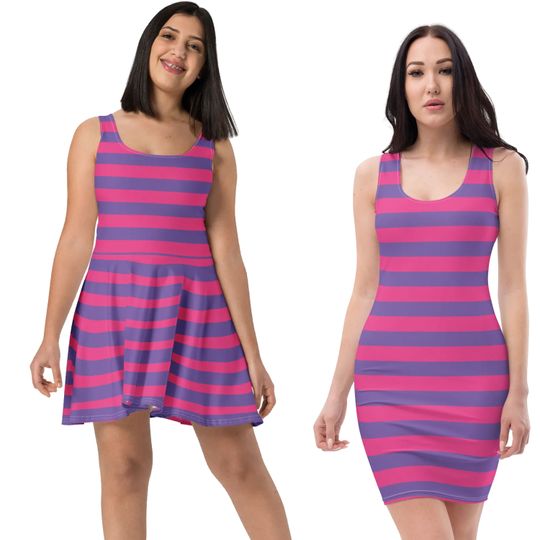 Discover Pink Purple Stripes Cheshire Cat Costume Dress Skater Fitted Bodycon Long Tank Cosplay Halloween Dance Activewear Plus size Mothers day Gift