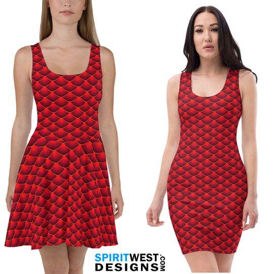 Discover Red Dragon Costume Skater Dress or Fitted Bodycon Dress | Mushu Reptile Lizard Scales Cosplay Halloween Costume | Dance RunDisney Activewear