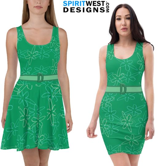 Discover Green Dress with Flowers Skater Dress Fitted Bodycon Cosplay Halloween Costume | Disgust Dance Running Activewear Dress Up Mothers day Gift