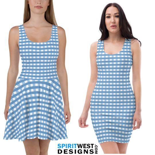 Discover Blue Printed Gingham Pattern Skater Dress or Fitted Dress | Dorothy Cosplay Halloween Costume Woman's Bodycon or Teen Dress up Dance Outfit