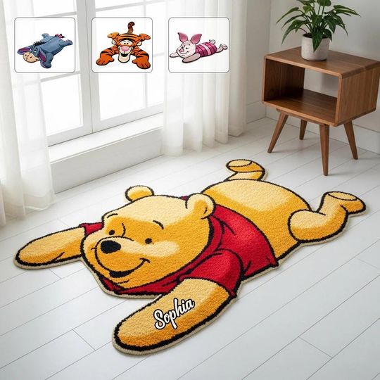 Honey Bear and Friends Personalized Cashmere Rug, Cartoon Furry Area Rug, Fluffy Mat for Yellow Bear Fan