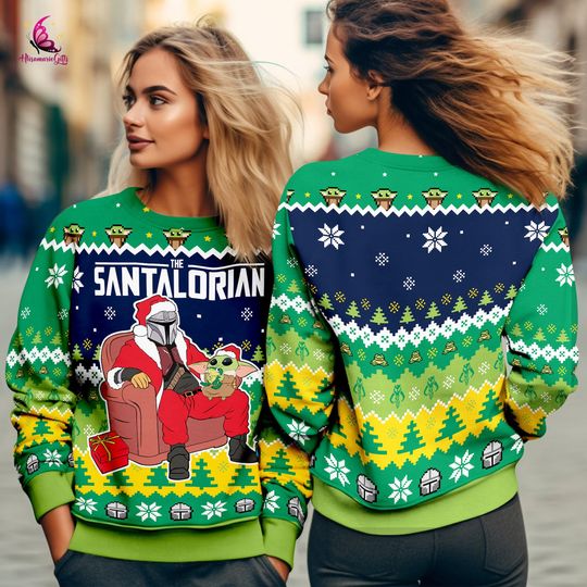 Discover Santalorian Ugly Christmas Sweater, Star Hero Xmas Sweatshirt, Christmas Gift For Men Women Kid, Galaxy Movie Xmas Gift