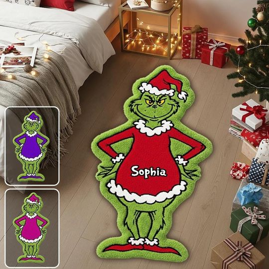 Green Monster Personalized Cashmere Rug, Christmas Stole Furry Area Rug, Fluffy Mat for Cartoon Fan