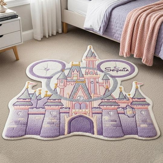 Personalized Magical Castle Cashmere Rug, Pink Castle Furry Area Rug, Fluffy Mat Cartoon Fan, Girl Nursery Kid Rug Gift