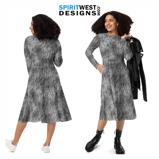 Grey Fur Print Costume Wolf Cat Dog Dress Long Sleeve Pocket Dress Furry Cosplay Halloween Dance Gift