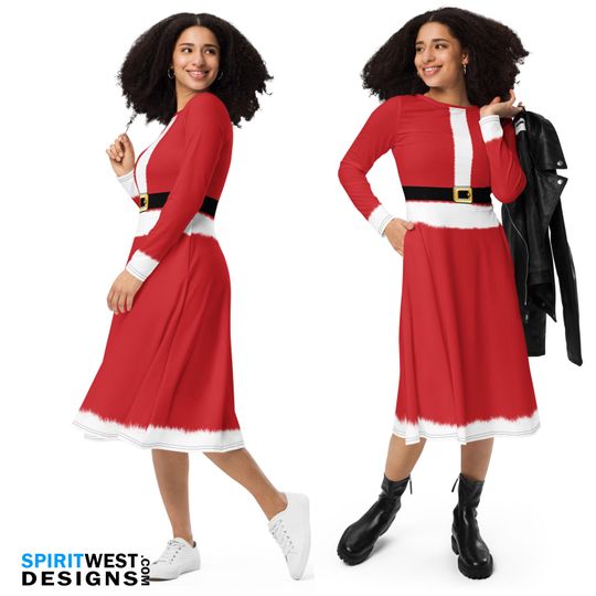 Mrs. Santa Dress Red Ms. Claus Christmas Costume Long Sleeve Pocket Dance Petit Secret Santa's Helper Office Party Gift