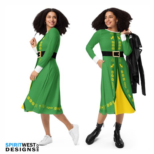Elf Dress Buddy Christmas Party Holiday Costume Long Sleeve Dance Santa's Helper Cosplay Bounding Movie Dress Up Gift