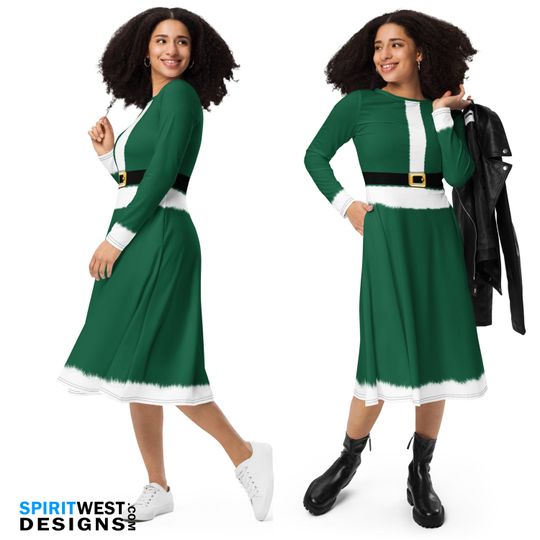 Mrs. Santa Dress Green Ms Claus Christmas Costume Long Sleeve Pocket Dance Petit Secret Santa's Helper Office Party Gift