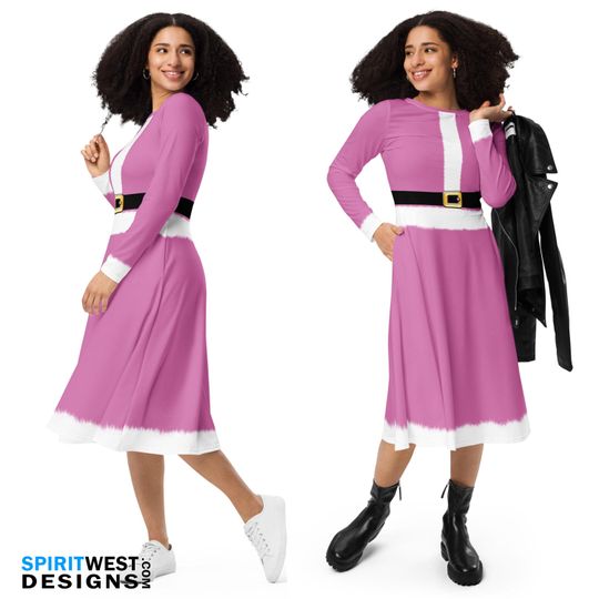 Mrs. Santa Dress Pink Ms. Claus Christmas Costume Long Sleeve Pocket Dance Petit Secret Santa's Helper Office Party Gift