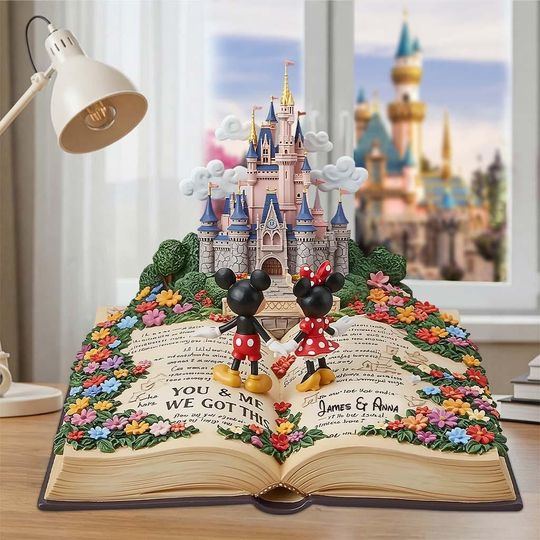 Discover Personalized Cartoon Castle Acrylic Plaque | Custom Mickey & Minnie Love Story Book Gift | Romantic Anniversary or Wedding Decor