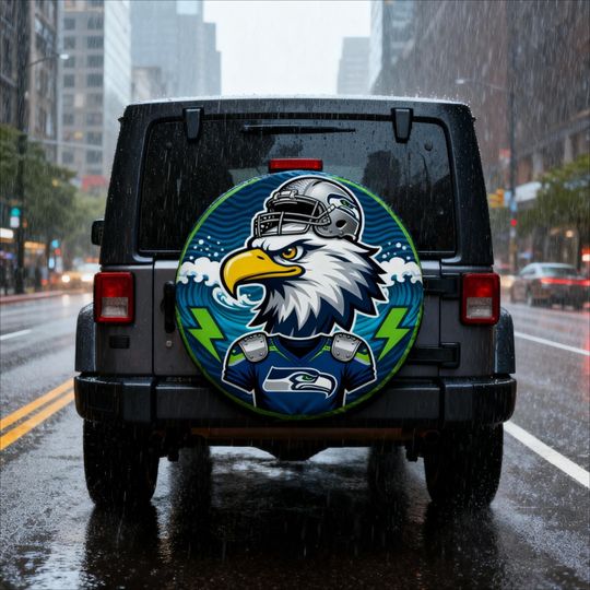 Discover Seattle Seahawks football Spare Tire Cover | Blue & Green Football Team Design | Jep Wrangler SUV RV Camper Tire Cover | Gift for Dad Husband