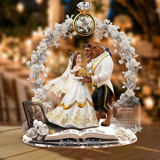 Discover Beauty and the Beast Wedding Acrylic Plaque, Personalized Couple Gift, Custom Anniversary Decor, Fairytale Bride and Groom Keepsake