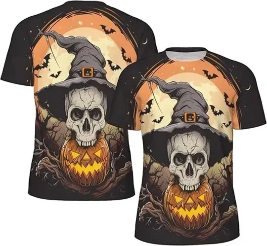 Discover Halloween Skull Pumpkin T-Shirt – 3D Graphic Witch Hat Tee for Men Women