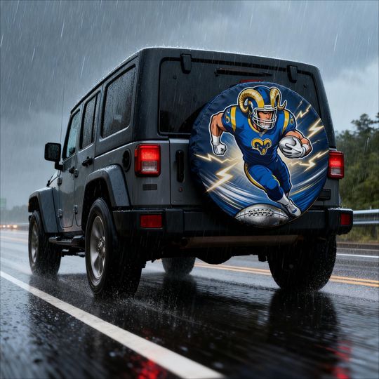 Discover Los Angeles Rams football Spare Tire Cover | Blue & Gold Football Design | Jep Wrangler SUV RV Camper Tire Cover | Gift for Dad Husband Fans