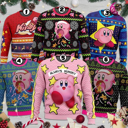 Kirby Ugly Christmas Sweater, Kirby Christmas Sweatshirt, Cute Pink Kirby Shirt