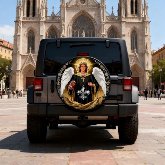 Discover New Orleans Saints football Spare Tire Cover | Black & Gold Fleur-de-lis Design | Jep Wrangler SUV RV Camper Tire Cover | Gift for Dad Husband