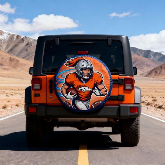Discover Denver Broncos football Spare Tire Cover | Orange Blue Football Design | Jep Wrangler SUV RV Camper Tire CoverGift for Dad Husband Broncos Fans