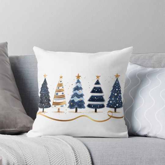 Discover Blue and gold Christmas trees line Pillow