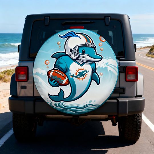 Discover Miami Dolphins football Spare Tire Cover | Aqua & Orange Football Design | Jep Wrangler SUV RV Camper Tire Cover | Gift for Dad Husband Fans