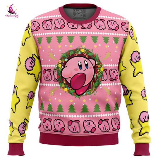 Kirby Video Game Ugly Christmas Sweatshirt | Pink Kirby Ugly Sweater