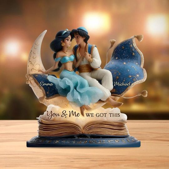 Discover Aladdin and Jasmine Acrylic Plaque, Disney Magic Carpet Couple Decor, Custom Wedding or Anniversary Gift, Romantic Storybook Figurine