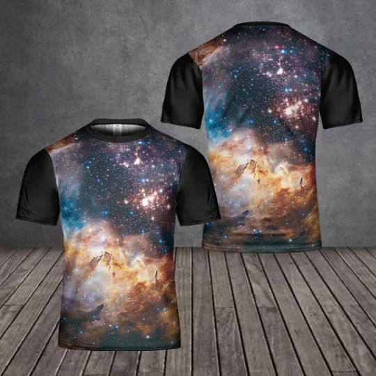 Discover Galactic Fire Nebula Graphic Tee, Colorful Universe Star All-Over Print T-shirt
