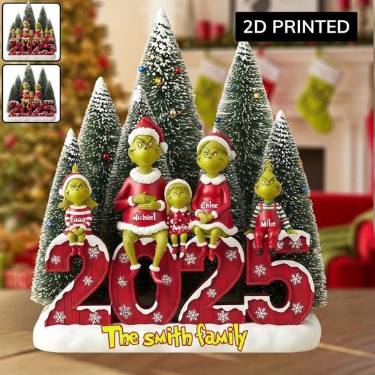 Discover Personalized Green Monster Family Acrylic Plaque, Funny Grin Flat Desk Sign, 2025 Christmas Family Decor Plate Gift ipatugrc00016