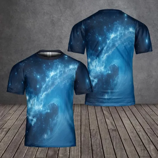 Discover Blue Cosmic Wave Graphic Tee, Abstract Space Surf Graphic All-Over Print T-shirt