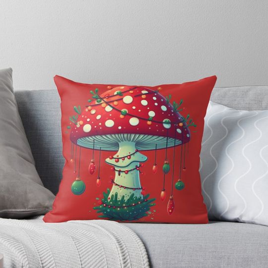 Christmas Mushroom with Christmas Lights, Mushroom Christmas Tree| Funny Christmas Art Cute Christmas Nature Red Mushroom with White Dots Pillow