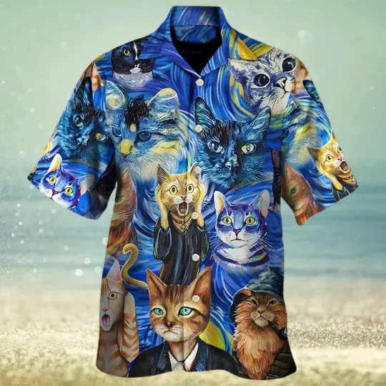 Cat Van Gogh Hawaiian Shirt with Art Painting Style