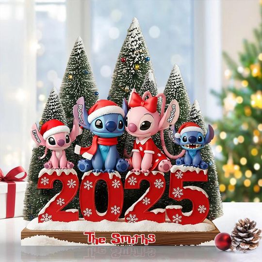 Personalized Ohana Family Acrylic Plaque, 2025 Christmas Blue Pink Monster Desk Sign, Stitch Angel Couple Flat Plaque Gift
