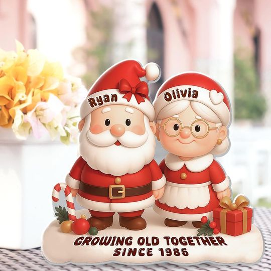 Santa Couple Growing Old Together Personalized Acrylic Plaque, Custom Christmas Gift for Old Couples, Gift from Grandkids for Grandparents