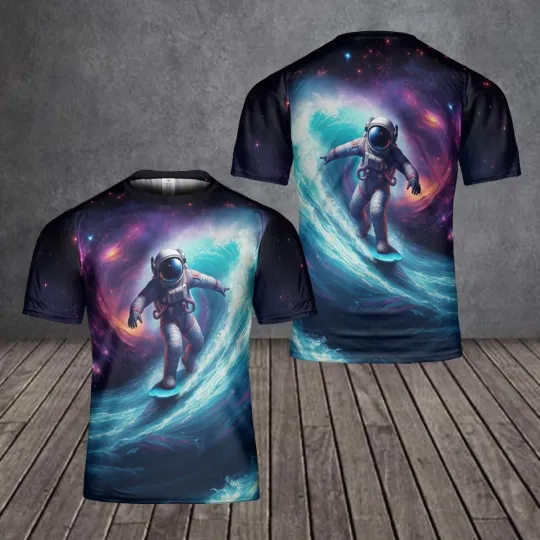Discover Astronaut Surfing Space Wave Graphic Tee, Galaxy Cosmic All-Over Print T-shirt