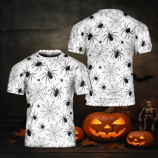 Discover Black Spider & Web Grunge Graphic Tee, Horror Sketch All-Over Print T-shirt
