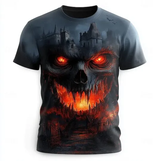Discover Halloween Men’s Skull Flame T-Shirt – 3D Horror Creweck Graphic Tee1