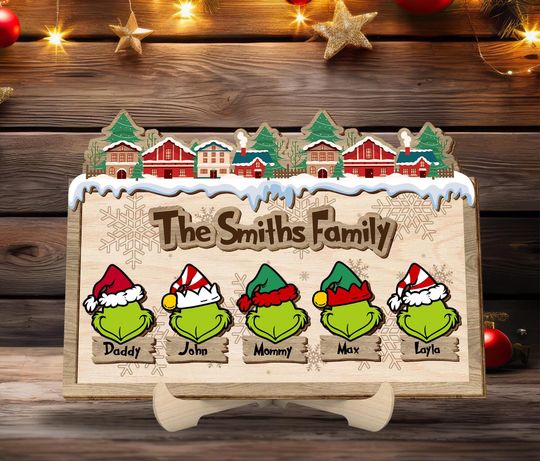 Personalized funny character Family Christmas Sign, Custom Family Name with Grin Wooden Sign, Christmas Gift for Family