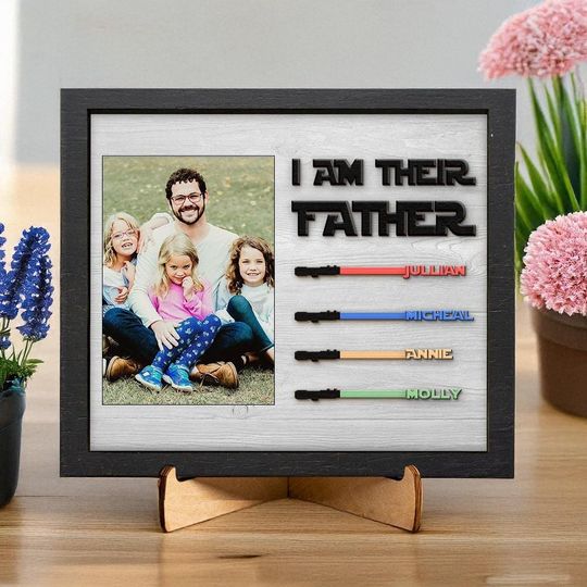 I Am Their Father Personalized Photo Frame Sign with Kid's Names | Star Wars Custom Lightsaber Sign for Dad | Fathers Day Gifts From Kids