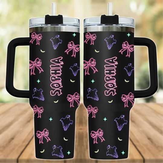 Discover Personalized Neon Ghost Bows Tumbler 40oz, Cute Boo Water Tumbler, Funny Halloween Insulated Tumbler, Spooky Season Tumbler Cup