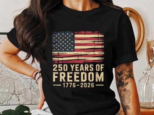 Discover USA Flag 250 Years of Freedom Shirt -  Distressed US Flag T-Shirt, Patriotic 17762026 America Anniversary Tee, 4th of July Independence Day