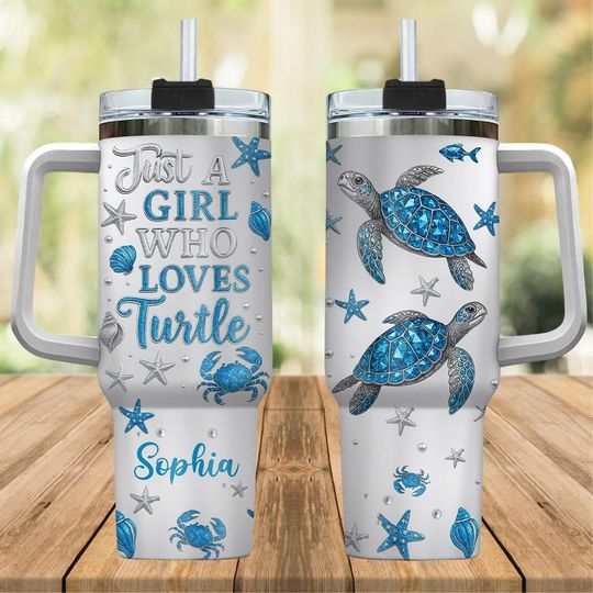 Discover Custom Just a Girl Who Loves Turtles Tumbler 40oz with Handle, Sea Life Insulated Tumbler, Blue Ocean Animal Water Tumbler, Beach Lover Cup