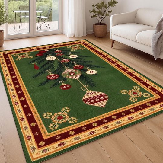 Merry Christmas Ornaments Rug, Holiday Green Red Area Rug, Festive Xmas Floor Mat, Winter Seasonal Rug
