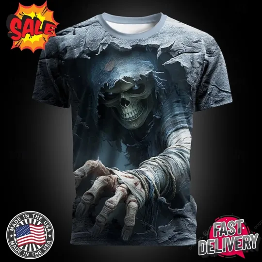 Halloween Men_s Optical Illusion Grim Reaper Horror Party St 3D T-Shirt
