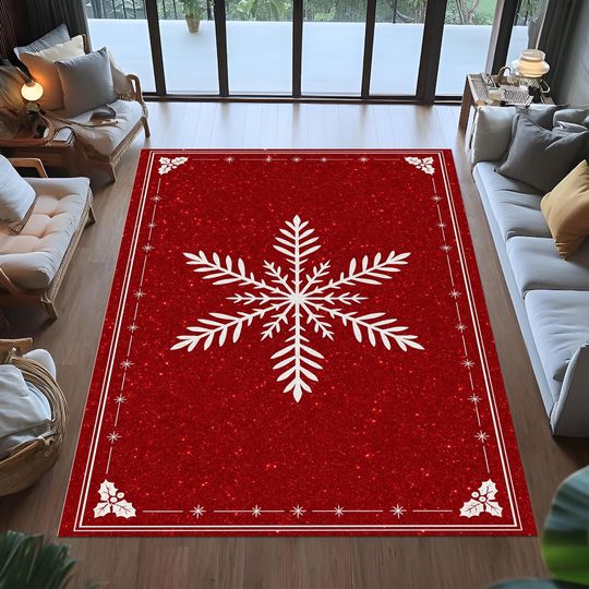 Discover red snowflake rug,xmas rug,christmas rug,holiday decor rug,red glitter rug,winter theme rug,festive living room rug,christmas floor decor