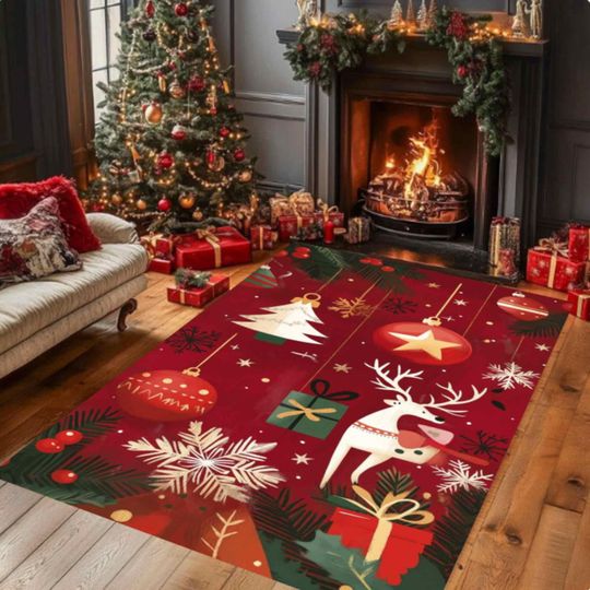 Reindeer Christmas Rug, Washable Non-Slip Holiday Floor Mat, Festive Xmas Decor, Winter Seasonal Living Room Area Rug