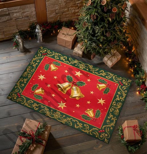 Christmas Area Rug, Red and Green Bell Design, Holiday Decor for Living Room, Bedroom, Entryway
