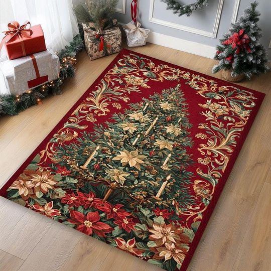 Discover Vintage Christmas Tree Area Rug, Red Holiday Carpet with Poinsettia Floral Accents, Elegant Seasonal Floor Mat for Living Room and Entryway