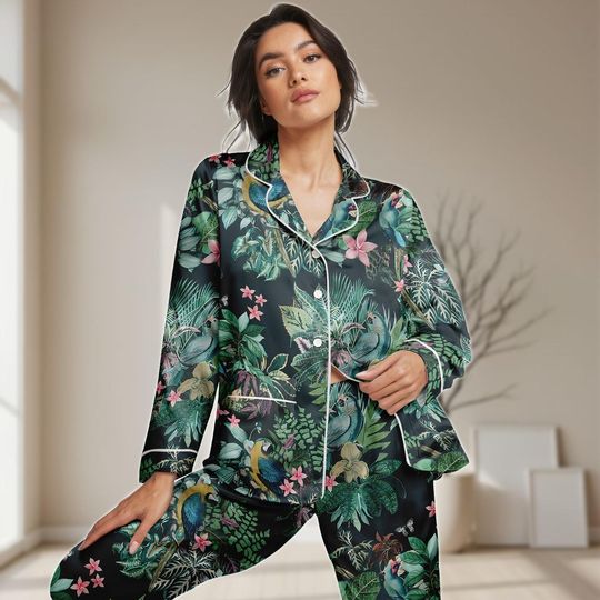Discover Tropical Parrot Long Satin Pajamas Set, Botanical Women Pajamas, Jungle Bird Print Sleepwear, Vintage Nature Love Pjs, Gift For Her