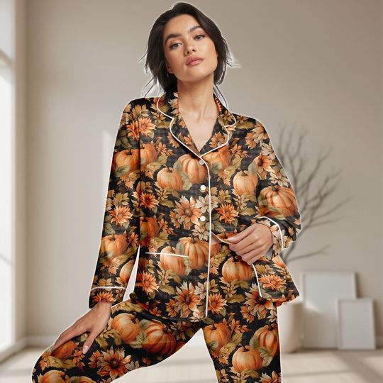 Discover Floral Pumpkin Long Satin Pajamas Set, Autumn Harvest Women Pajamas, Vintage Fall Season Sleepwear, Spooky Pajamas, Halloween 2025 Gift